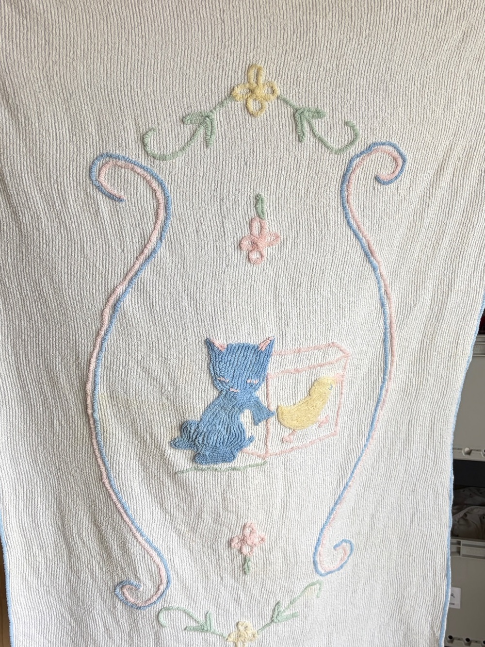 VINTAGE Embroidered Blue Cat & Yellow Bird Baby Blanket